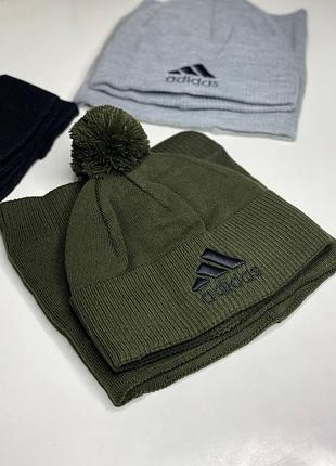 Мужская шапка и бафф adidas зимний комплект на флиси с бубоном s-xl вышитый логотип утепленная мужские шапки зимние адидас хаки