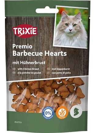 Лакомство для котов trixie premio barbecue hearts сердечки с курицей без сахара и глютена премиум 50г