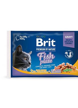 Корм влажный brit premium cat fish plate pouches набор паучей для котов рыбная тарелка с треской, лососем и форелью 100 г х