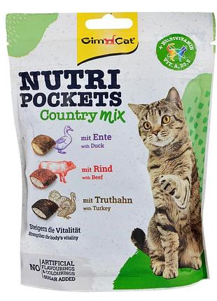 Витаминное лакомство gimcat nutri pockets кантри микс для котов, хрустящие подушечки с таурином, 150 г