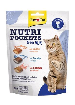 Вітамінні ласощі gimcat nutri pockets для котів морський мікс з таурином та омега лосось форель 150г