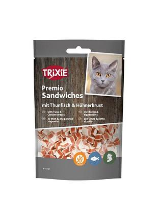 Лакомство для котов trixie premio tuna sandwiches без глютена кубики тунец и курица 50 г полезные снеки