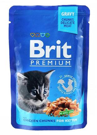 Корм влажный brit premium cat kitten chicken chunks pouch для котят с курицей 100 г