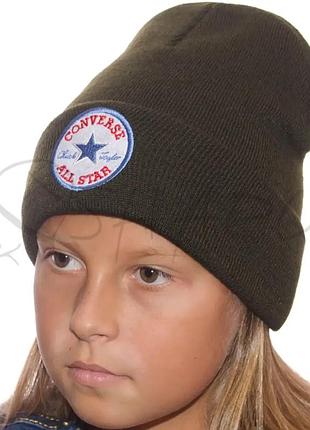 Шапка дитяча подвійна тепла на манжеті з нашивкою шевроном converse ld20040 хакі