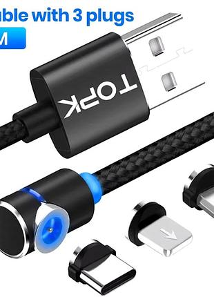 Кабель для телефону магнітний кутовий topk usb 3в1 type c, microusb, lightning iphone. 1 метр.