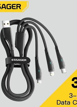 Кабель для телефона универсальний essager 3 в 1 usb type а - lightning, usb type c, micro usb. 120 см.