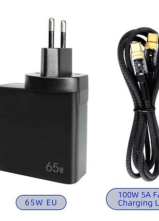 Зарядний пристрій sequre 65w з портами usb type-c і usb-a з led індикатором + кабель type-c pd 100w 5a