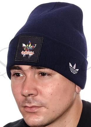 Шапка брендовая бини с шевроном двойная зимняя универсальная adidas l21047 темно-синий
