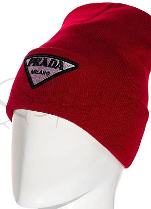 Шапка біні з вишивкою подвійна з відворотом гладкою в'язки prada l21078 червоний