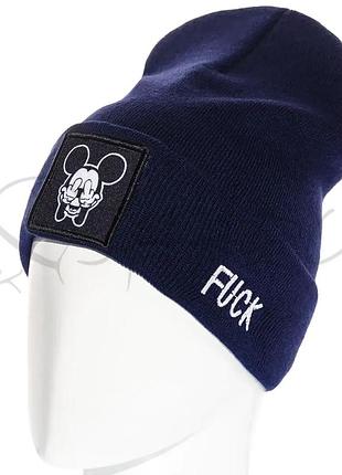 Шапка с шевроном лопата двойная зимняя без подкладки универсальная fuck mickey l21064 темно-синий