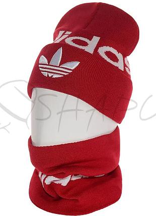 Комплект молодежный брендовый шапка двойная с отворотом и снуд adidas jak21304k красный