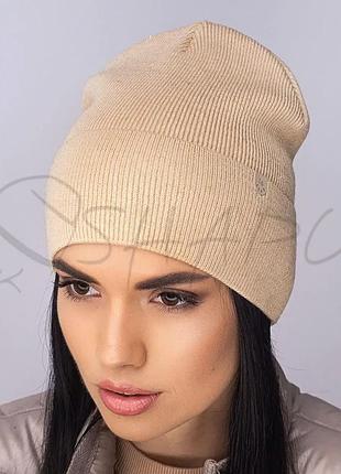 Шапка женская шерстяная с люрексом на флисовой подкладке с отворотом leks молния жемчуг