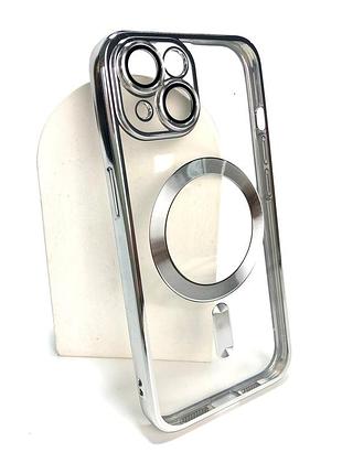 Чехол силиконовый магнитный с магсейф для iphone 15 silicone case shining full camera with magsafe silver
