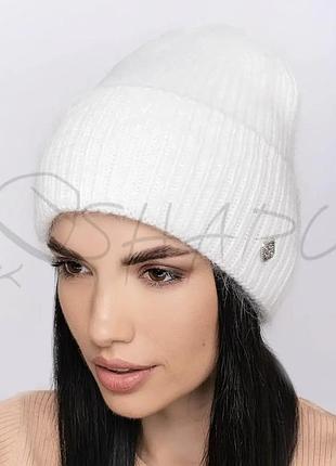 Шапка ангоровая женская одинарная с подворотом шапочка без подкладки leks глория белый