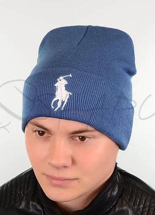 Стильна вязана шапка лопата бренд polo l18019 джинс