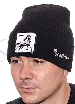 Шапка с шевроном лопата двойная зимняя без подкладки универсальная stallion l21034 черный