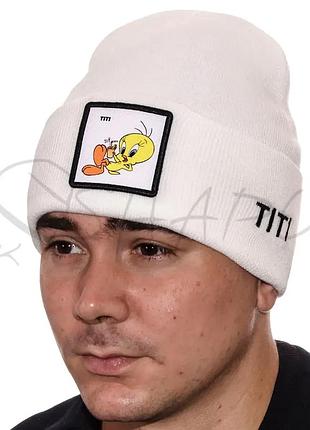 Шапка с шевроном лопата двойная зимняя без подкладки универсальная titi l21012 белый