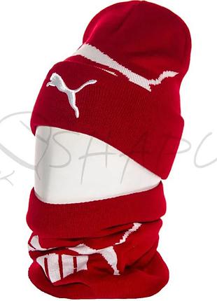 Комплект молодежный брендовый шапка двойная с отворотом и снуд puma jak21302k красный