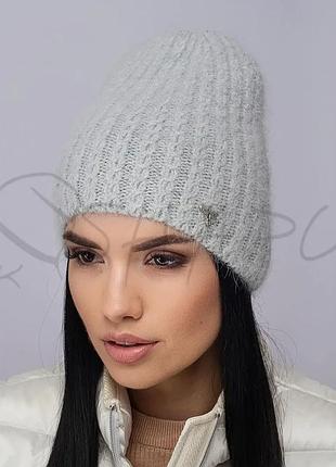 Шапка ангоровая женская с красивой мелкой вязкой утепленная флисом без манжета leks форма светло-серый