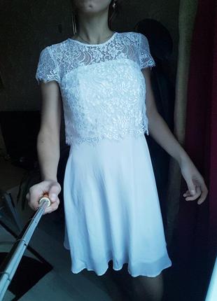 Новое свадебное белое шифоновое кружевное нарядное платье6 фото