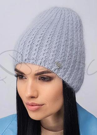 Шапка ангоровая женская с красивой мелкой вязкой утепленная флисом без манжета leks форма металл