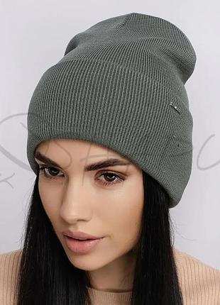 Шапка молодежная двойная с подворотом женская шапочка мелкой вязки leks домино малахит