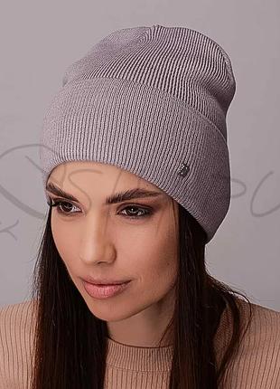 Шапка женская шерстяная с отворотом утепленная флисом мелкой вязки leks скілл оловянный