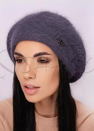 Берет женский ангоровый без подкладки на ножке с аккуратным узором и стразами leks диво антрацит