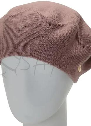 Берет женский двойной тонкой вязки с узором и стразами lirus алана пудра