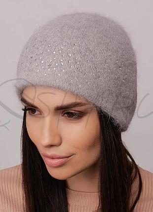 Шапка женская ангоровая одинарная украшена стразами на отвороте leks джезі средне серый