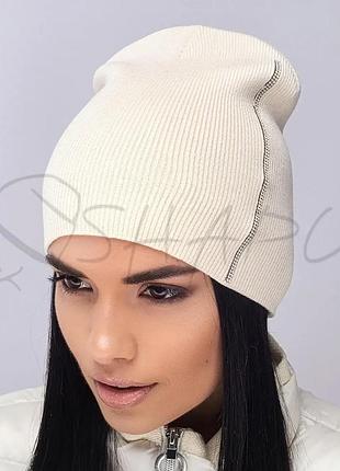 Шапка молодежная двойная бини без манжета украшена стразами leks дарина карамель