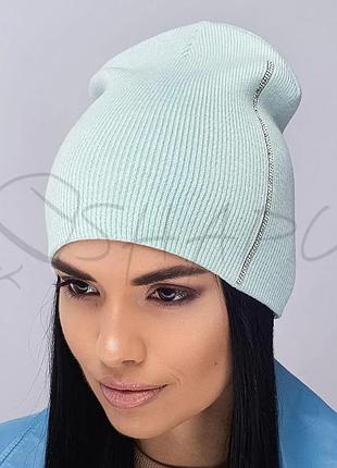 Шапка молодежная двойная бини без манжета украшена стразами leks дарина мята