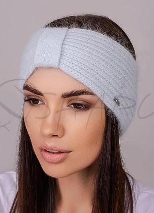 Повязка женская шерстяная с добавлением ангоры зимняя теплая leks ялта небесный