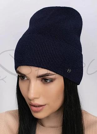 Шапка женская вискозная с отворотом без подкладки одинарная leks банер темно-синий