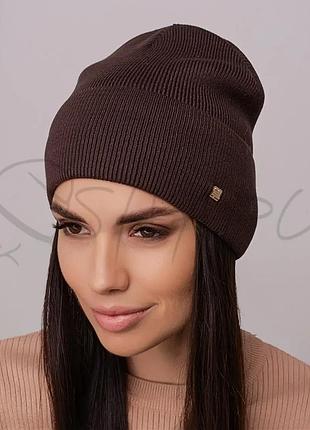Шапка женская шерстяная с отворотом утепленная флисом мелкой вязки leks скілл шоколадный