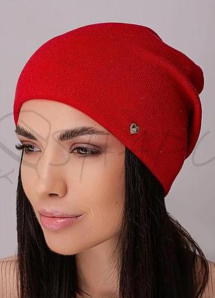 Шапка женская без подкладки шерстяная с отворотом гладкой вязки leks індіго красный