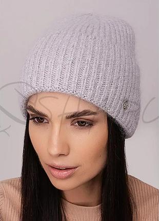 Шапка женская ангоровая без подкладки с отворотом leks комфорт светло-серый