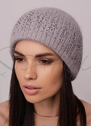Шапка женская ангоровая утепленная флисом украшена стразами на отвороте leks діамант серый