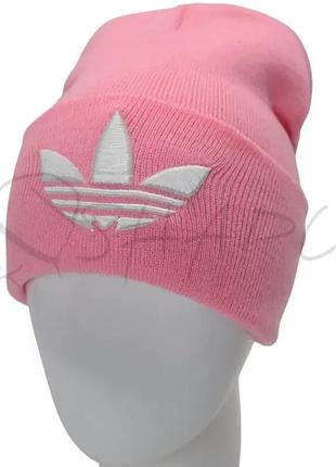Шапка біні лопата з брендовою вишивкою універсальна на манжеті adidas l20081 рожевий
