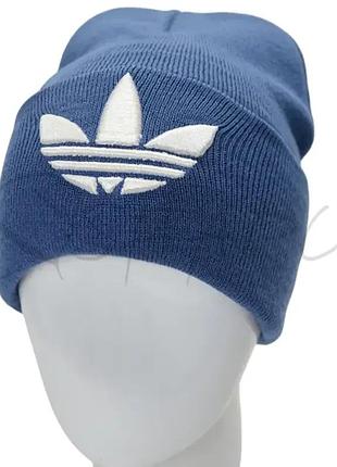 Шапка бини лопата с брендовой вышивкой универсальная на манжете adidas l20081 темный джинс