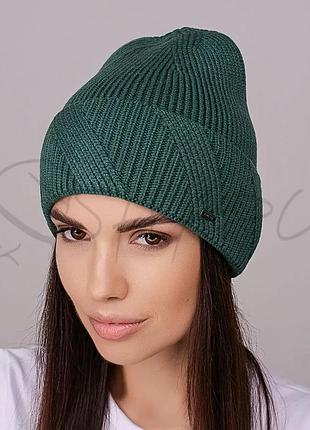 Шапка женский колпак без подкладки с узором на отвороте leks ідилія темно-зеленый