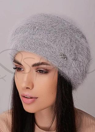 Шапка женская ангоровая двойная зимняя leks липа средне серый