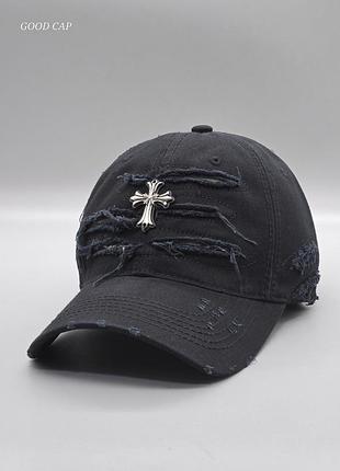 Джинсовая кепка chrome hearts рваная, брендовая бейсболка chrome hearts джинс, кепка хром хартс, рванная кепка