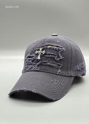 Джинсовая кепка chrome hearts рваная, брендовая бейсболка chrome hearts джинс, кепка хром хартс, рванная кепка синій