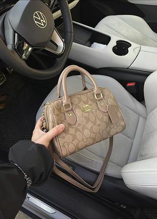 Жіноча сумка coach rowan satchel, сумка коач, модна сумка саквояж, сумка бочечка світло-коричневий