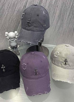 Джинсовая кепка chrome hearts рваная, брендовая бейсболка chrome hearts джинс, кепка хром хартс, рванная кепка, рванка