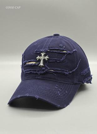 Джинсова кепка chrome hearts рвана, брендова бейсболка chrome hearts джинс, кепка хром хартс, рванна кепка темно-синій