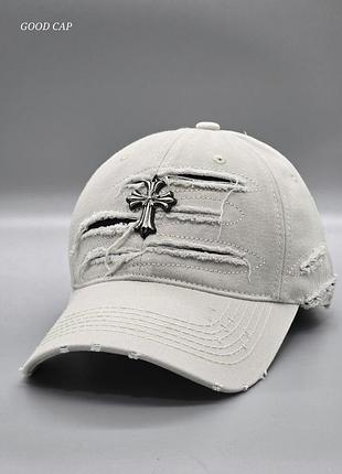 Джинсовая кепка chrome hearts рваная, брендовая бейсболка chrome hearts джинс, кепка хром хартс, рванная кепка молочний