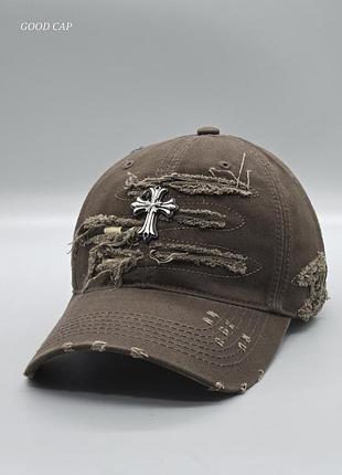 Джинсовая кепка chrome hearts рваная, брендовая бейсболка chrome hearts джинс, кепка хром хартс, рванная кепка коричневий