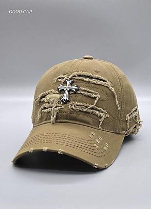 Джинсова кепка chrome hearts рвана, брендова бейсболка chrome hearts джинс, кепка хром хартс, рванна кепка світо-коричневий